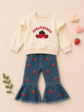 Toddler Girls Strawberry Graphic Cream Sweatshirt Top & Jeans Set - NWOT 18-24M